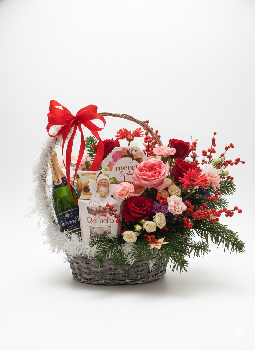 Dárkový koš s květinami, čokoládou a vínem – elegantní dárek pro každou příležitost