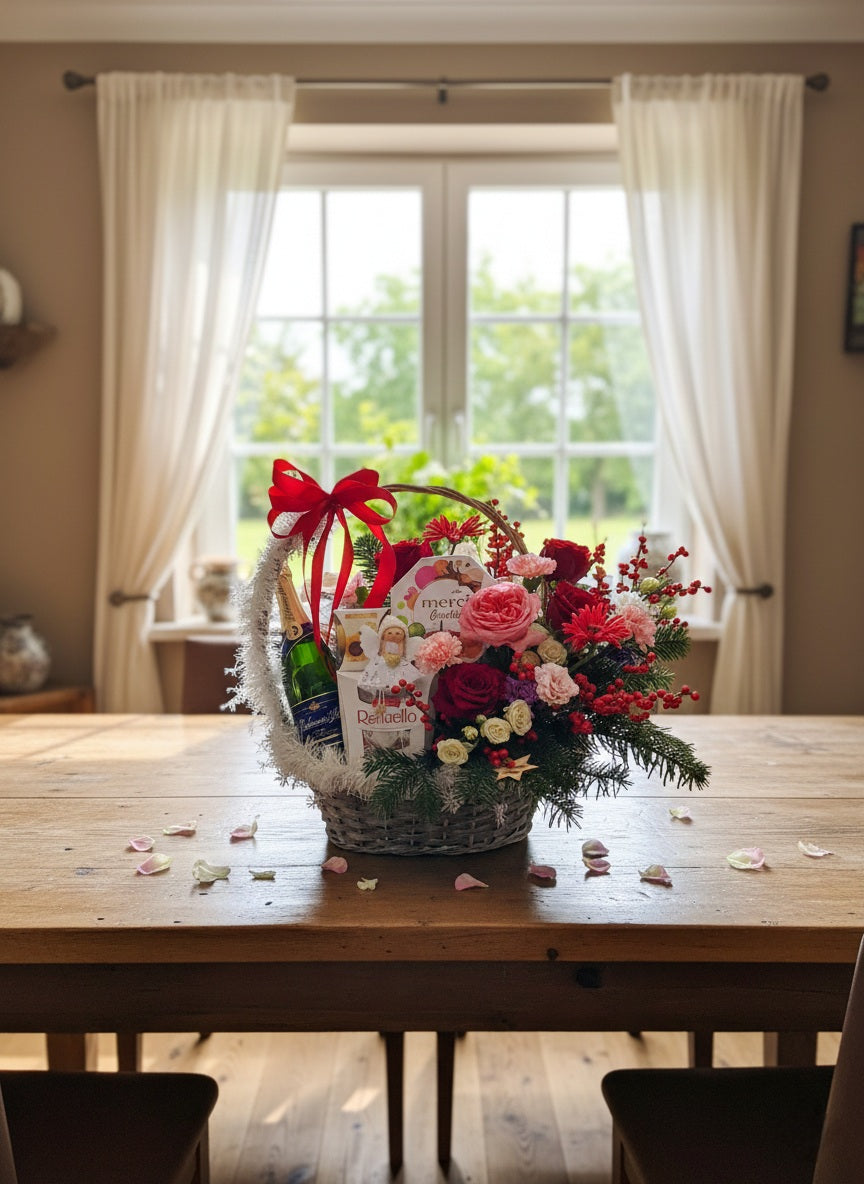 Dárkový koš s květinami, čokoládou a vínem – elegantní dárek pro každou příležitost