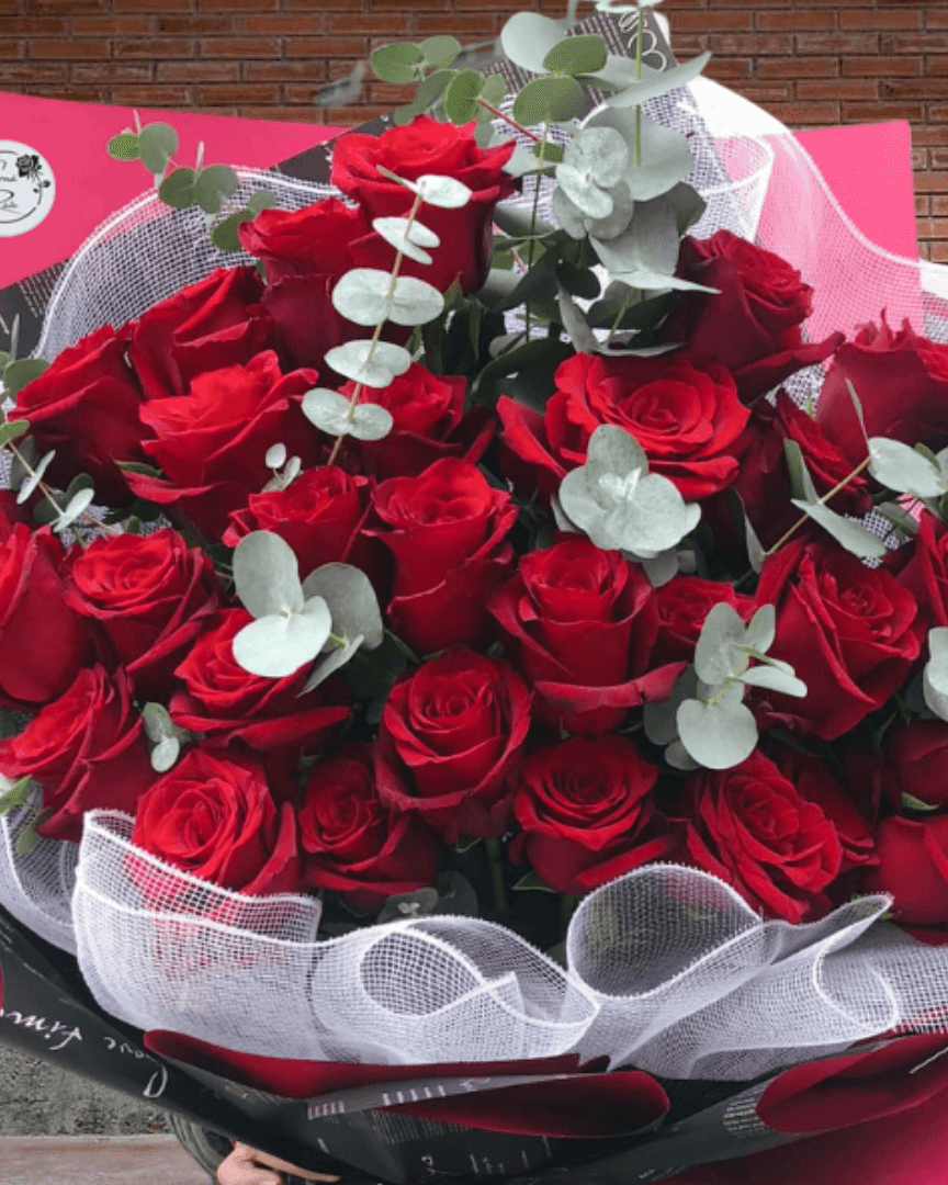 Kytice červených růží s gypsophilou - Černá Růže
