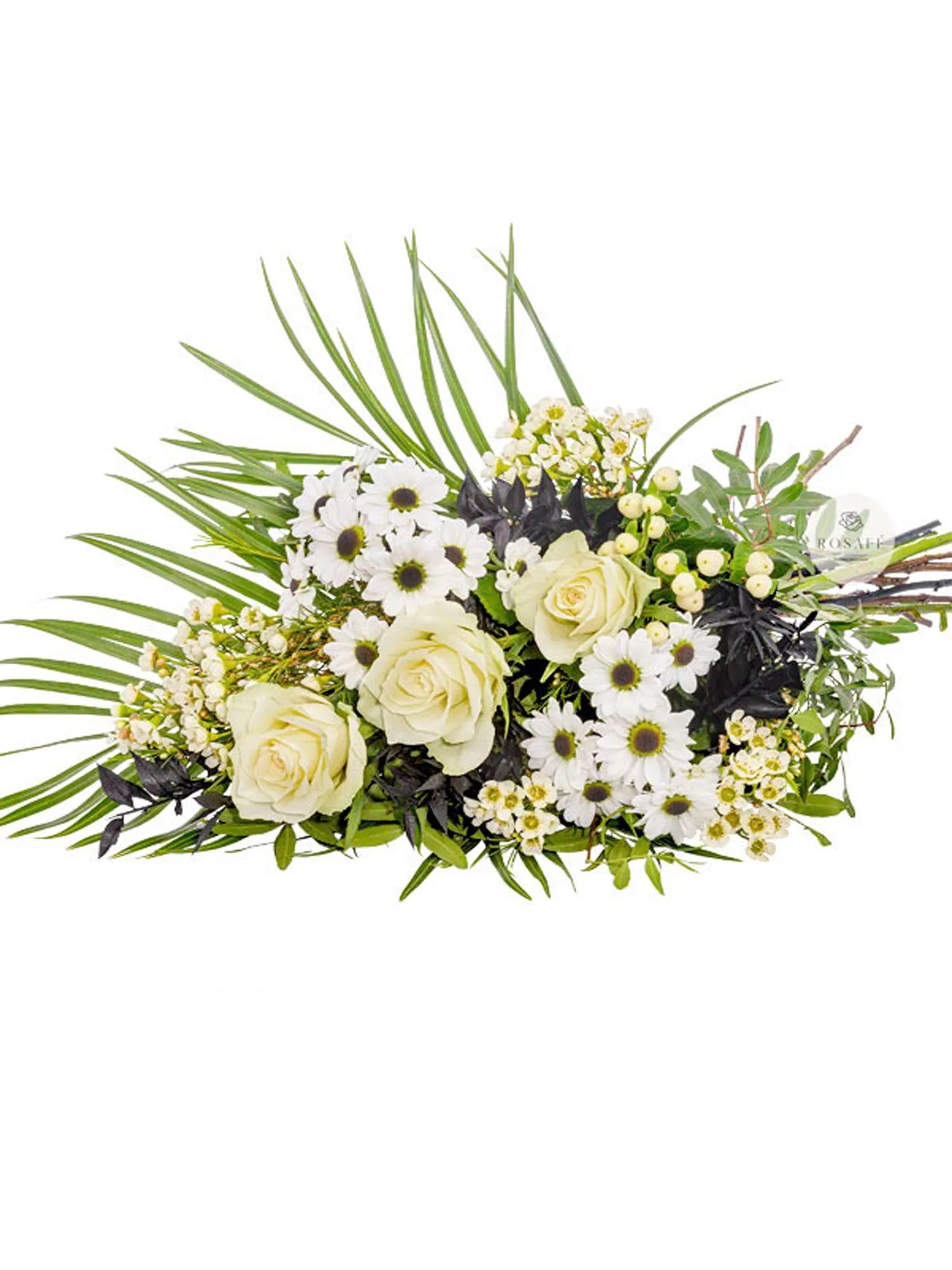 Smuteční kytice bílé růže a kopretiny, elegantní pohřební kytice